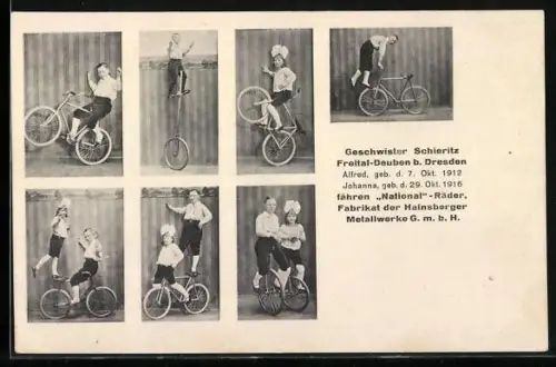 AK Geschwister Schleritz aus Freital Deuben, fahren National-Räder, Fabrikat der Haunsberger Metallwerke