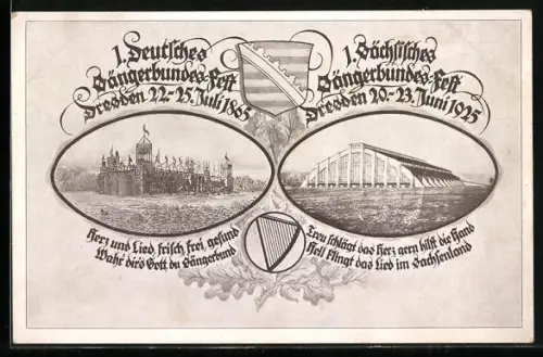 AK Dresden, 1. Deutsches Sängerbundesfest 1865 und 1. sächsisches Sängerbundesfest 1925