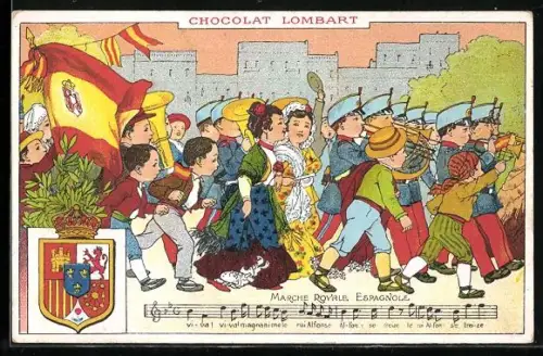 AK Soldaten mit Instrumenten, Marche Royale Espagnole, Reklame für Chocolat Lombart