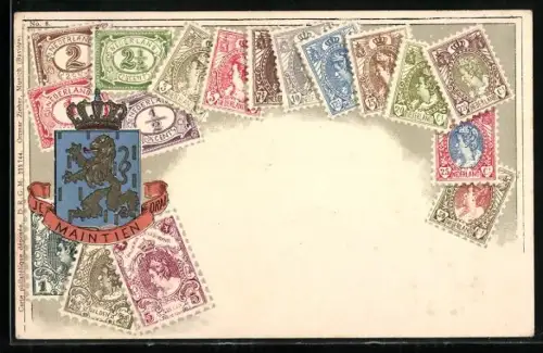 AK Briefmarken der Niederlande und Wappen