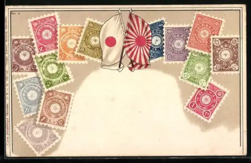 AK Japan, Briefmarken, Fahnen