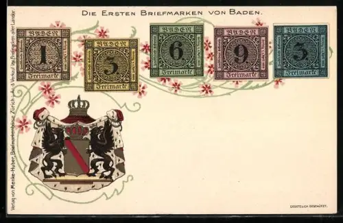 AK Ersten Briefmarken aus Baden, Badisches Wappen