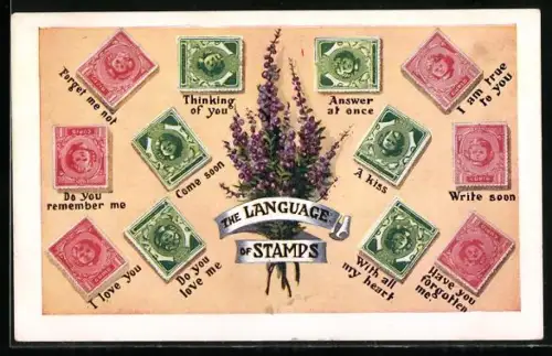 AK Briefmarkensprache, Forget me not, Write soon, With all my heart