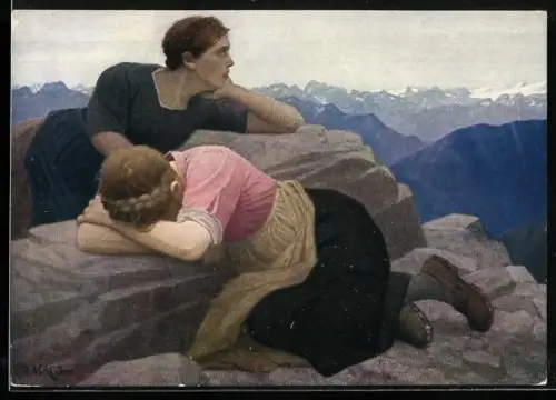 Künstler-AK Th. Walch: Verlorene Heimat Süd-Tirol, zwei Frauen auf Felsen, in die Ferne blickend und weinend