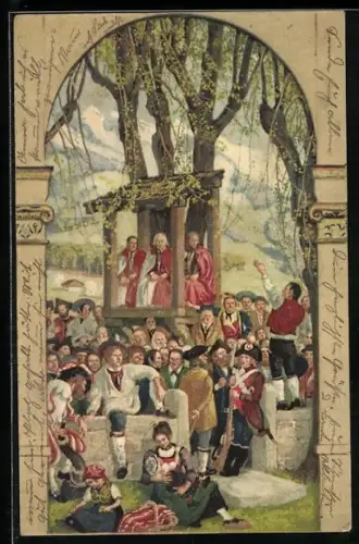 Künstler-AK Schweizer Bundesfeier 1918, Für unsere Soldaten, Predigt unter freiem Himmel