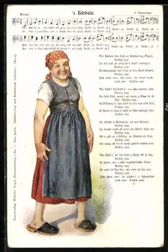 Künstler-AK Lied `s Bärbele - Text mit Noten, Magd mit Kopftuch