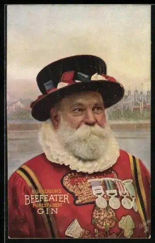AK Reklame, alter Mann in Uniform mit Hut und Orden, Burrough`s Beefeater, purest and best Gin
