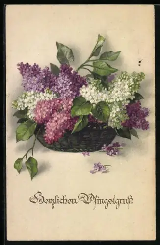 Künstler-AK Meissner & Buch (M&B) Nr. 2341: Blühender Flieder in einem Korb, Pfingstgruss