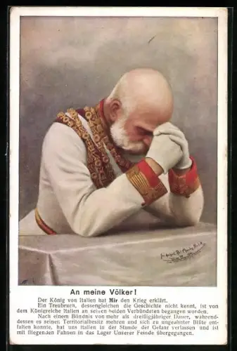 AK An meine Völker, Kaiser Franz Josef I. von Österreich beim Gebet, Karte zur Kriegserklärung Italiens