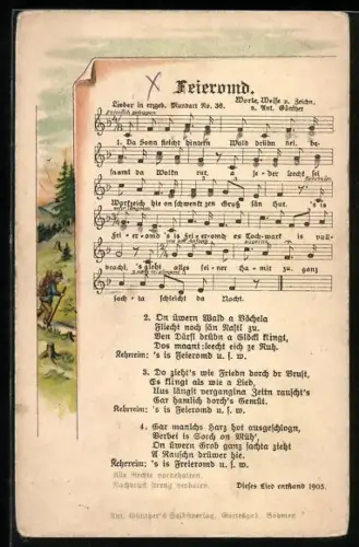 Lied-AK Anton Günther Nr. 36: Feieromd, Mann auf dem Weg nach Hause am Waldrand vorbeiziehend