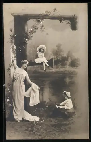 Foto-AK NPG NR: 195, Buchstabe E, Frau im roten Kleid, Kinder am Wasser