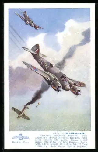Künstler-AK Kampfflugzeuge vom Typ Bristol Beaufighter und abgeschossene feindliche Maschine