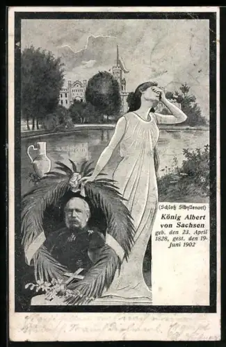 AK zum Tode von König Albert von Sachsen, Portrait in einem Kranz, trauernde Frau, Schloss Sibyllenort
