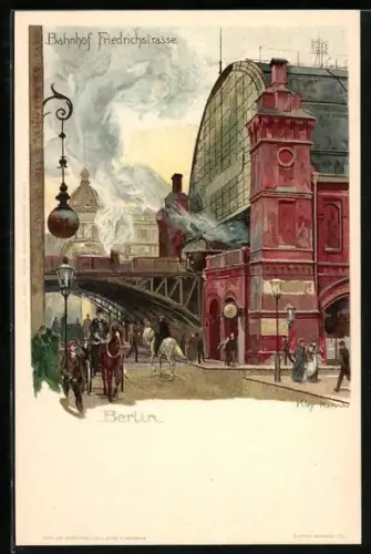 Künstler-AK Heinrich Kley: Berlin, Bahnhof Friedrichstrasse mit Pferdewagen