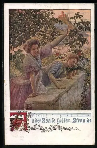 Künstler-AK Karl Friedrich Gsur, Deutscher Schulverein Nr. 1231: An der Saale hellem Strande, Zwei Frauen winken