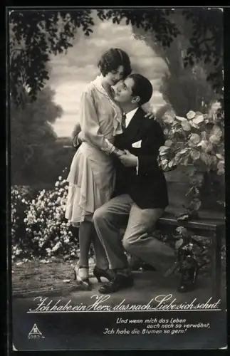 Foto-AK Photochemie Berlin Nr. 6989/4: Liebespaar auf Parkbank, Ich habe ein Herz, das nach Liebe sich sehnt.