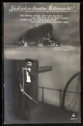 Foto-AK Photochemie Berlin Nr. 2988-6: Nachtwache an Deck mit Fernrohr, Steh ich in finst`rer Mitternacht!