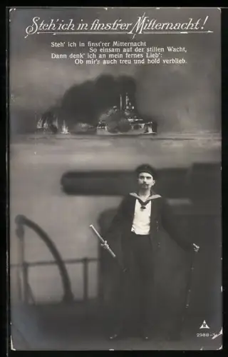 Foto-AK Photochemie Berlin Nr. 2988-1: Nachtwache an Deck mit Fernrohr, Steh` ich in finst`rer Mitternacht!