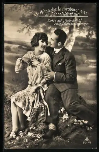 Foto-AK Photochemie Berlin Nr. 6017/5: Liebespaar auf Ausflug, Wenn das Liebesbarometer auf `Schön Wetter` steht