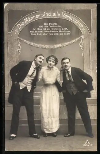 Foto-AK Photochemie Berlin Nr. 10254-6: Frau zieht zwei Männern die Ohren lang, Männer sind alle Verbrecher