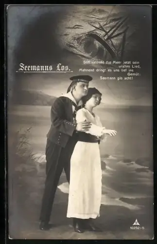 AK Matrose umarmt seine Frau, Schiff auf stürmischer See