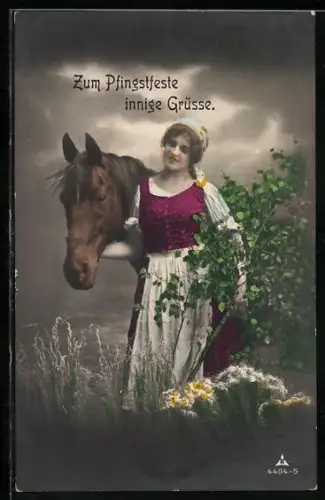 Foto-AK Photochemie Berlin Nr. 4404-5: Pfingstgrüsse, Bäuerin mit Pferd auf der Weide