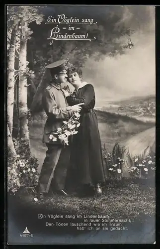 Foto-AK Photochemie Berlin Nr. 4157-6: Soldat und seine Frau beim Ausflug, Ein Vöglein sang im Lindenbaum