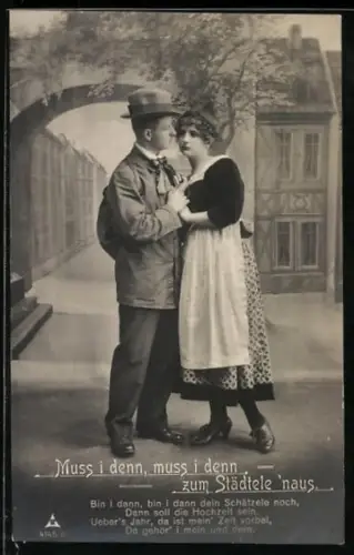 Foto-AK Photochemie Berlin Nr. 4145-6: Liebespaar nimmt Abschied, Muss i denn - zum Städtele `naus