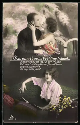 Foto-AK Photochemie Berlin Nr. 5315-1: Was eine Frau im Frühling träumt, Paar auf Parkbank, Dame in der Stube