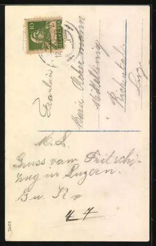 Foto-AK Photochemie Berlin Nr. 5315-1: Was eine Frau im Frühling träumt, Paar auf Parkbank, Dame in der Stube