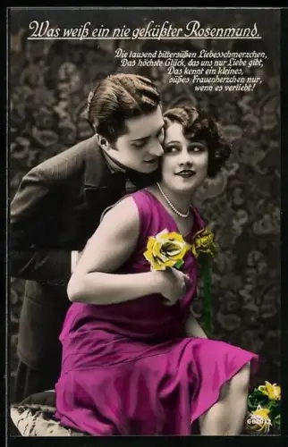 Foto-AK Photochemie Berlin Nr. 6810/2: Liebespaar in Umarmung, Was weiss ein nie geküsster Rosenmund