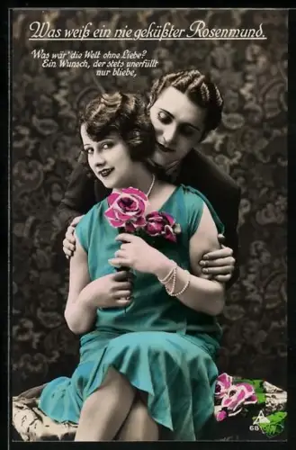 Foto-AK Photochemie Berlin Nr. 6810/3: Liebespaar in Umarmung, Was weiss ein nie geküsster Rosenmund