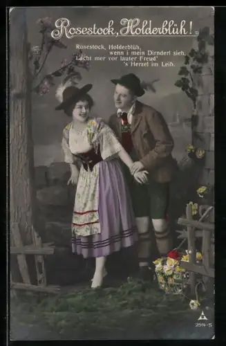 Foto-AK Photochemie Berlin Nr. 2514-5: Paar in Trachten in ländlicher Szene, Rosestock, Holderblüh!