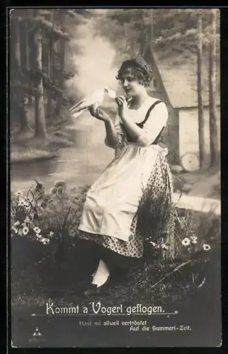 Foto-AK Photochemie Berlin Nr. 4150/2: Mädchen am Fluss mit Taube, Kommt a Vogerl geflogen