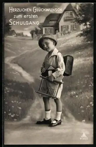 Foto-AK Photochemie Berlin Nr. 6120/2: Erster Schultag, Junge mit Tornister und Rechenbrett
