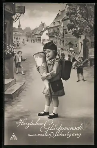 Foto-AK Photochemie Berlin Nr. 7170/1: Erster Schultag, Kinder mit Schultüten in Ortspartie