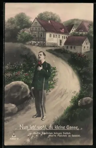 Fotomontage-AK Photochemie Berlin Nr. 4322-3: Nun leb` wohl, du kleine Gasse, And`re Städtchen bringen freilich...