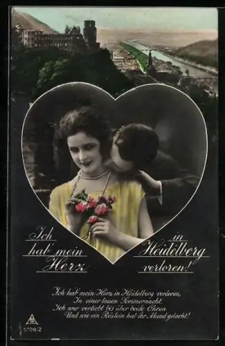 Foto-AK Photochemie Berlin Nr. 5708/2: Heidelberg, Liebespaar im Herzrahmen, Ich habe mein Herz in Heidelberg verloren