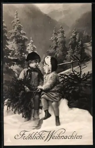 Foto-AK Photochemie Berlin Nr. 5447-6: Weihnachtsgrüsse, Kinder mit Tannenzweig in verschneiter Landschaft
