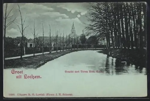 Mondschein-AK Lochem, Gracht met Toren Rem. Kerk.