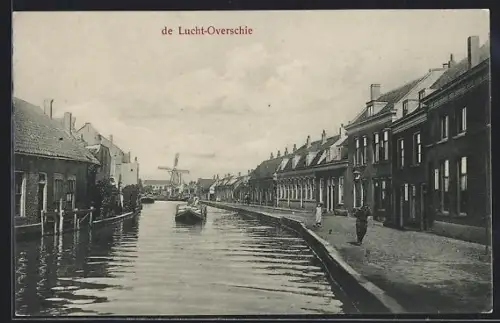 AK De Lucht-Overschie, Uferpartie mit Windmühle