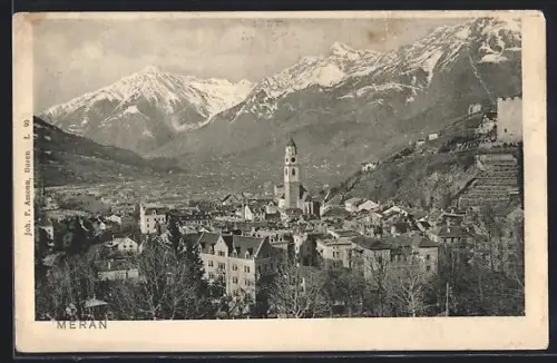 AK Meran, Ortsansicht mit Berglandschaft