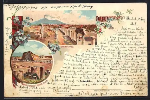 Lithographie Pompei, Foro Civile, Tempio d`Ercole e Teatro Tragico