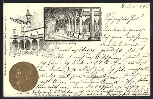 Präge-Lithographie Florenz, Kloster San Marco, Hof und Kreuzgang, Münzportrait Savonarola