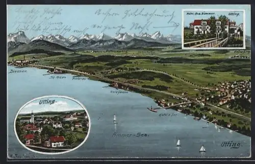 Künstler-AK Eugen Felle: Utting, Hotel Jos. Summer, Ammer-See und Umgebung