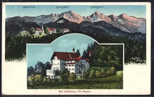 Künstler-AK Eugen Felle: Bad Adelholzen /Ob.-Bayern, Wildbad und Bergpanorama