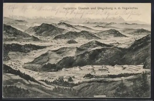 Künstler-AK Eugen Felle: Isny, Heilstätte Überruh und Umgebung aus der Vogelschau