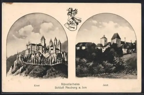 Künstler-AK Eugen Felle: Neuburg / Inn, Künstlerheim Schloss Neuburg einst und jetzt