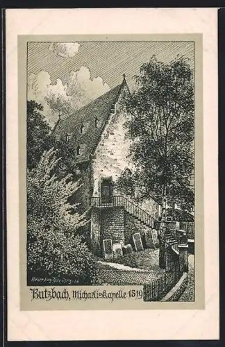 Künstler-AK Eugen Felle: Butzbach, Michaeliskapelle 1519 mit Grabsteinen