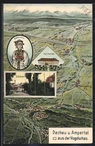 Künstler-AK Eugen Felle: Dachau, Dachauerin, Kgl. Schloss, Gesamtansicht mit Ampertal aus der Vogelschau